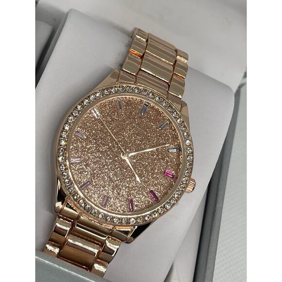 Gold Tone Glitter Dial Bracelet Watch Baguette Crystal Indicies Gift For Her NEW main image 12